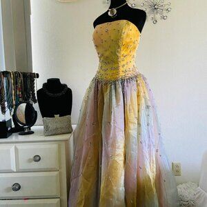 Xcite Strapless Iridescent Beaded Ball/Prom Gown in Yellow & Purple  Size 8